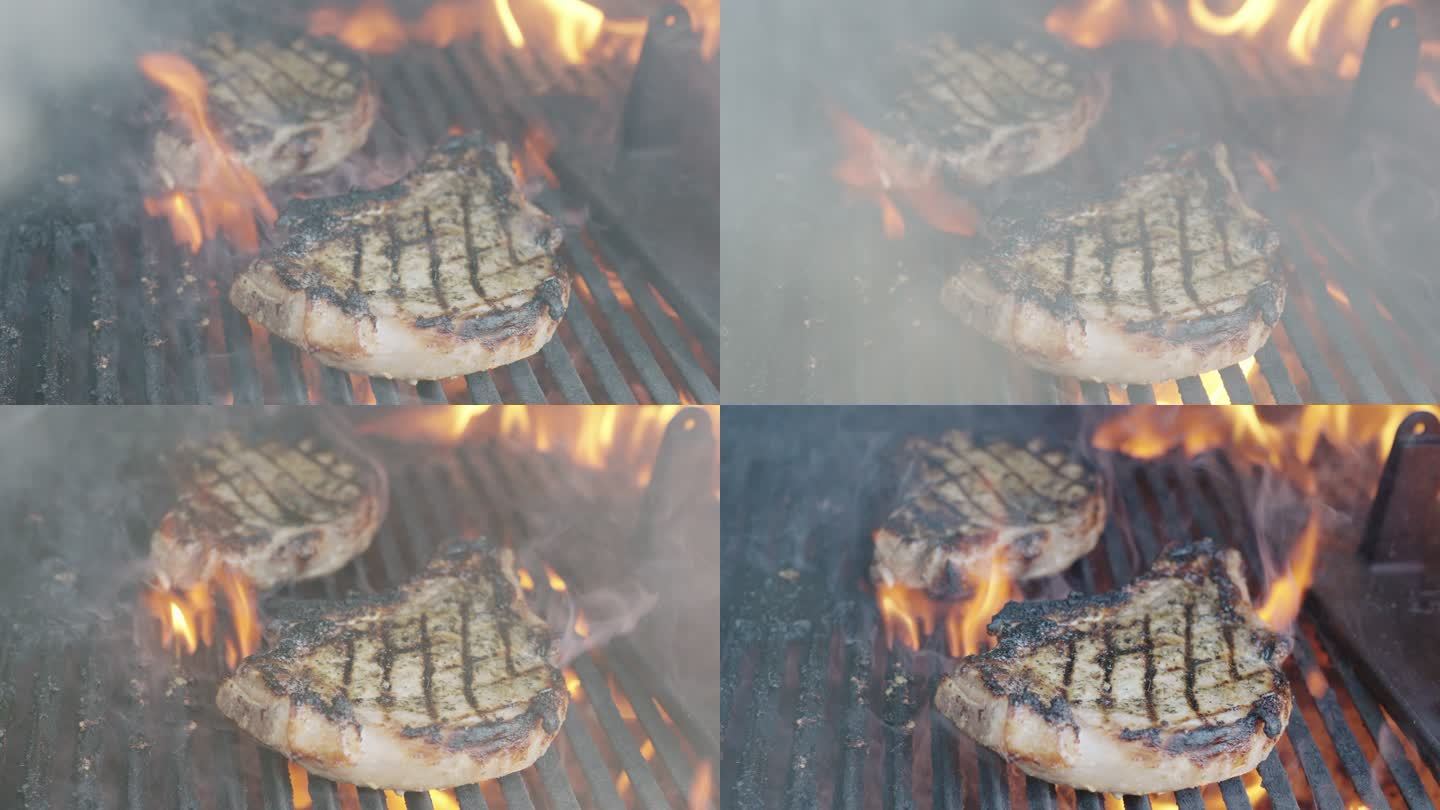 厚切猪排在后院烤架上烧烤