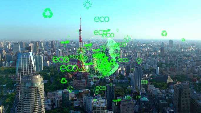 生态概念与环境、可持续能源发展。可持续资源概念。东京城市景观。