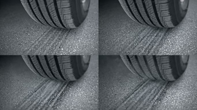 SLO MO TS汽车轮胎在汽车开始剧烈断裂时产生打滑痕迹