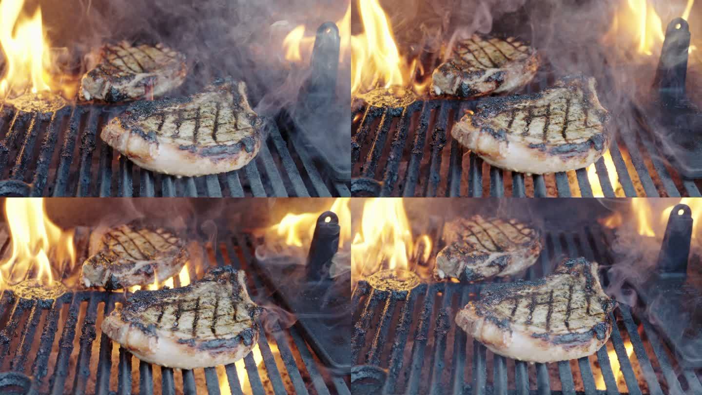 厚切猪排在后院烤架上烧烤