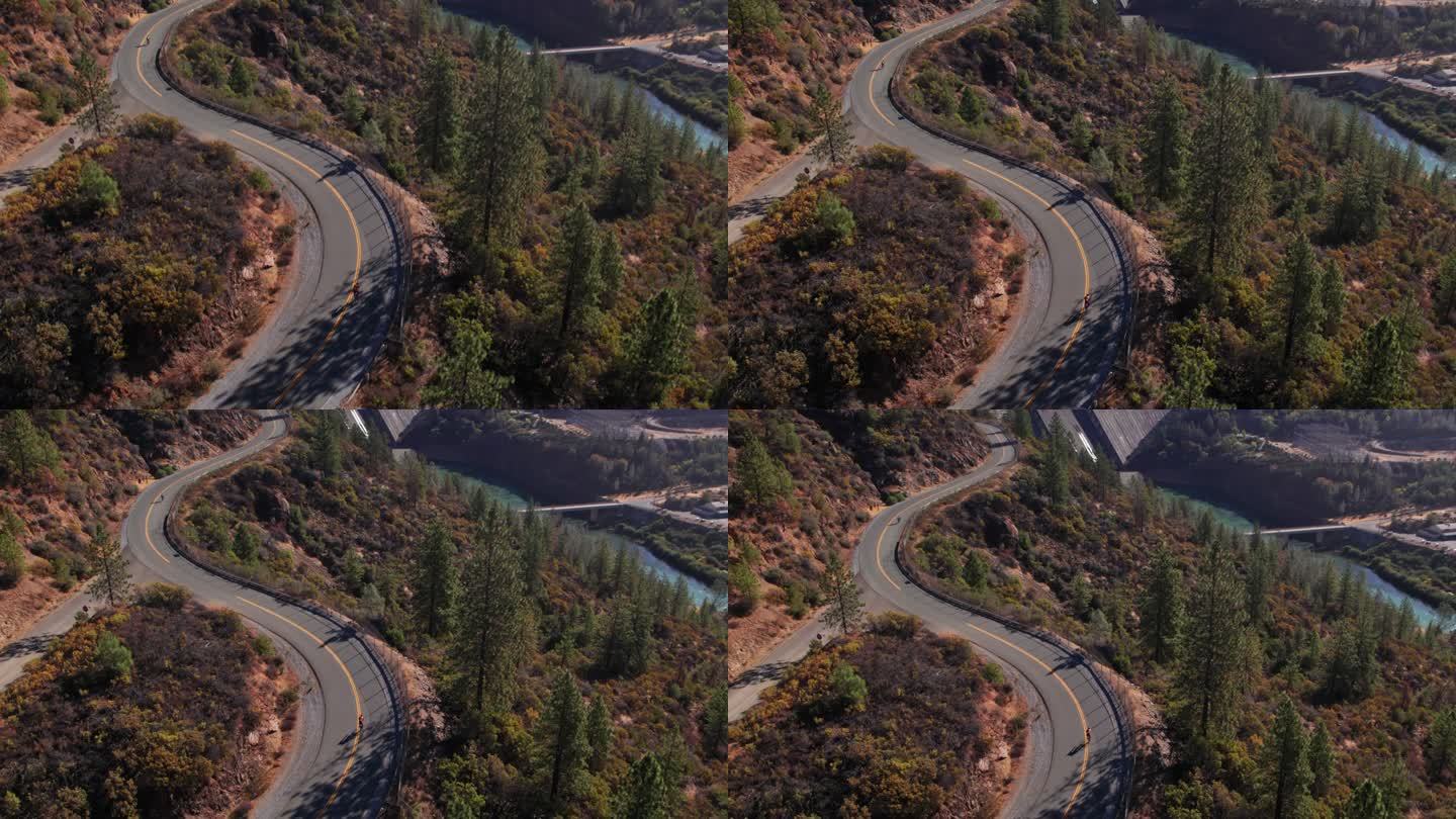 北加利福尼亚州沙斯塔大坝自行车运动员的史诗镜头