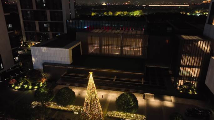 高清航拍苏州柏悦酒店2023年圣诞树夜景