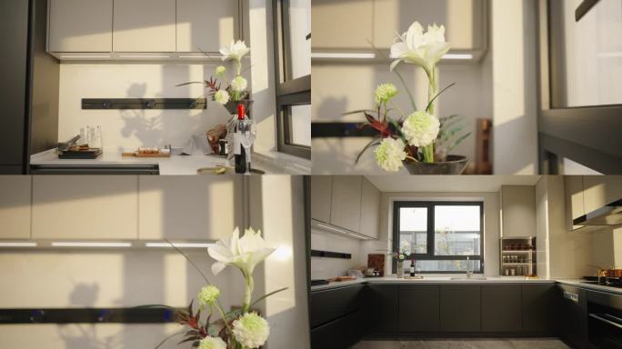 阳光洒进厨房光影桌上的花
