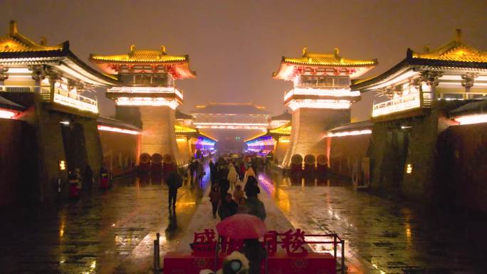 湖北襄阳唐城夜景，唐城下雪夜景，古城大雪