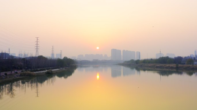 郑州贾鲁河黄昏日落航拍