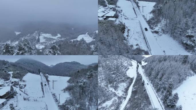 航拍车辆冬天行驶在积雪覆盖的乡村路上4K