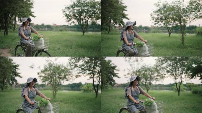 女人骑自行车低碳环保绿色出行农村妇女