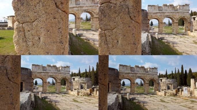 Denizli的Pamukkale Hierapolis古遗址中的Frontinus Gate全景