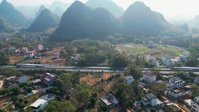 航拍广西贺州高速公路口及周边风光