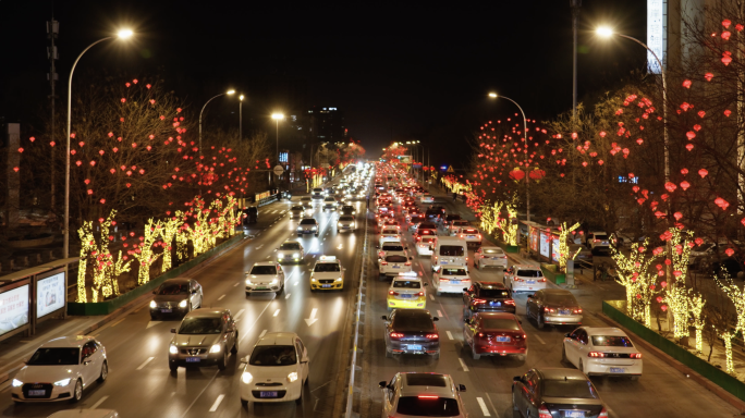 城市街道红灯笼夜景春节喜庆氛围迎新春过年