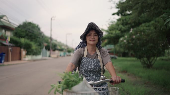 女人骑自行车泰国农村妇女骑自行车买菜回家