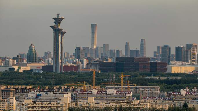 北京奥运塔CBD同框下的城市建设日落延时