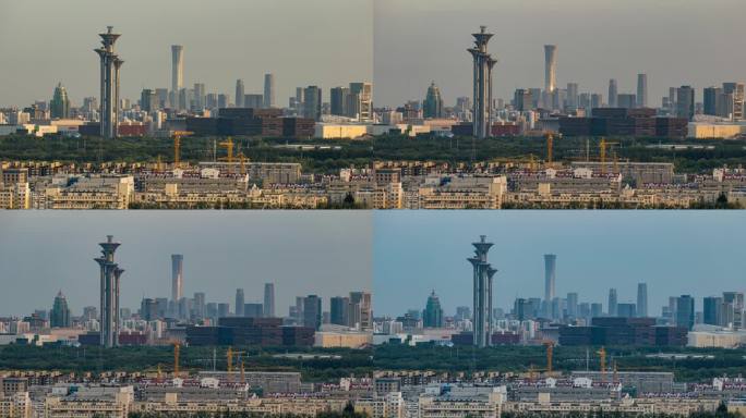 北京奥运塔CBD同框下的城市建设日落延时