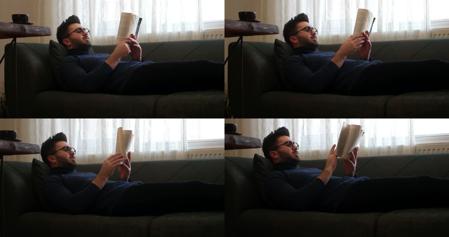 男人在家看书欧美外国人种优雅白人沙发上看