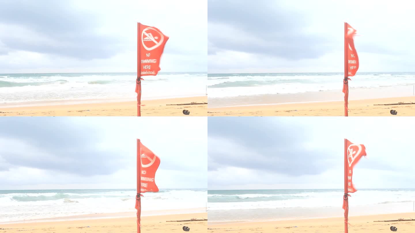 热带海滩警告红旗标语浪涛沙滩