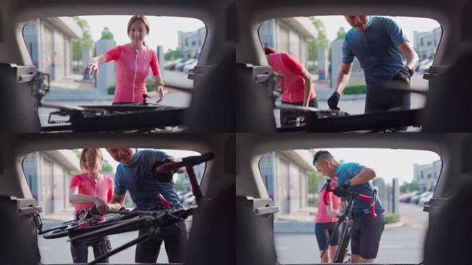 亚洲中国夫妇将公路自行车卸进汽车后备箱准备周末早晨的公路旅行