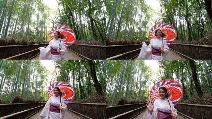 4K鹤拍：日本京都荒山和佐野竹林中，一位身着传统和服的亚洲女性与日本人力车合影，欢迎您来到日本