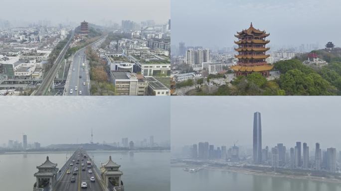 4K雾霾天气下的武汉地标黄鹤楼长江大桥等