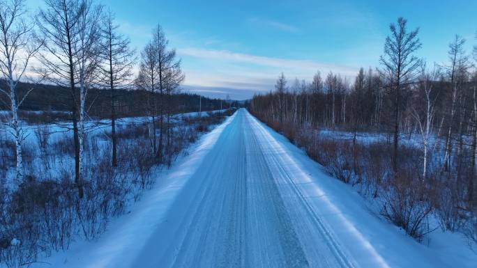 航拍大兴安岭林海雪原雪路