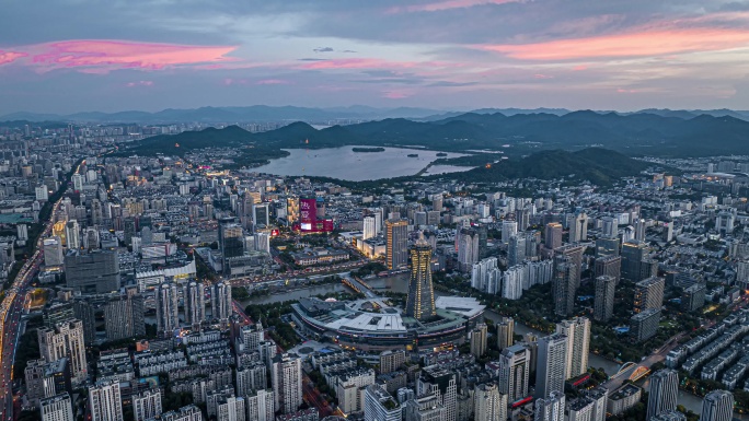 杭州西湖文化广场环球中心航拍夜景延时