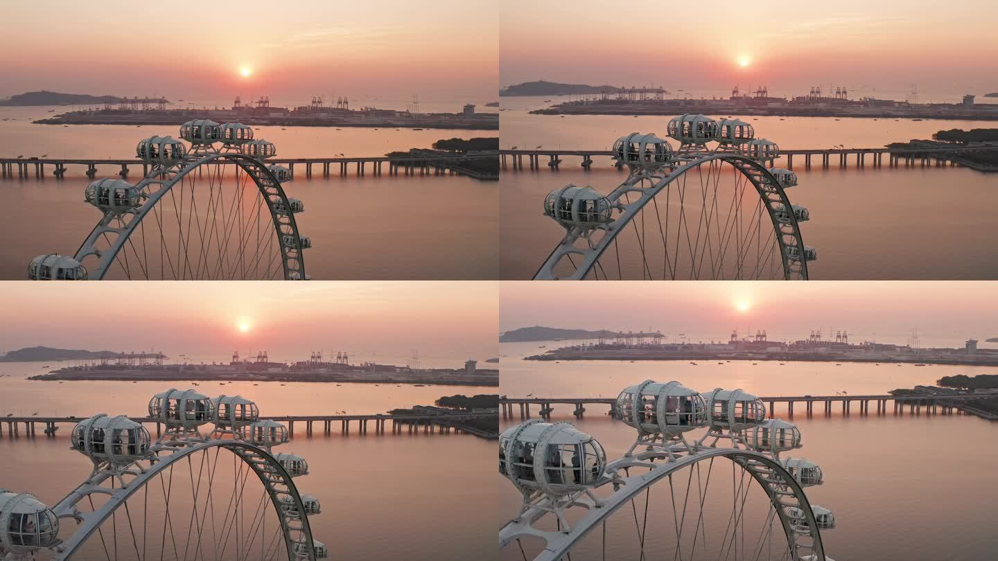 深圳宝安湾区之光摩天轮日落航拍