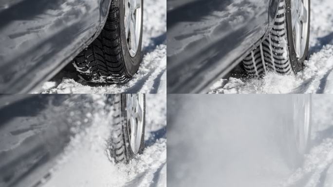 汽车轮胎原地旋转，无处可去，陷在雪地里