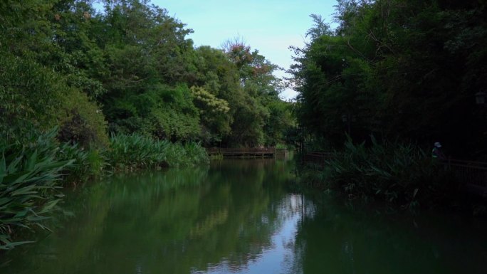 休闲步道静谧美好的河边水景，河道治理成果