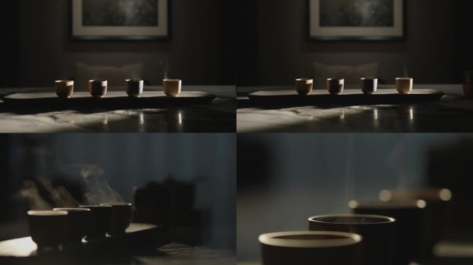 逆光光影茶桌上的杯子冒热气质感