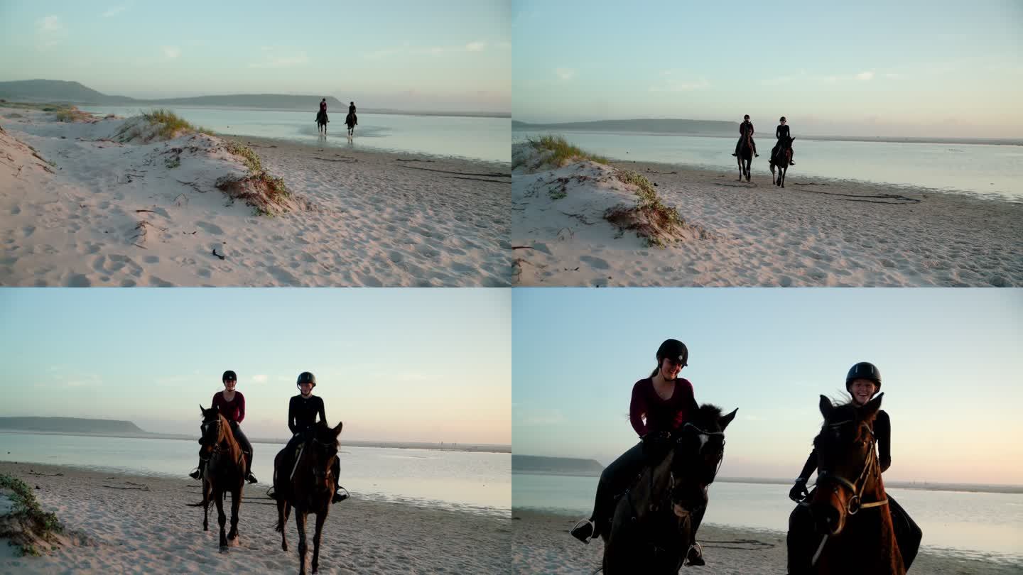 肖像快乐的年轻女子骑马在海边