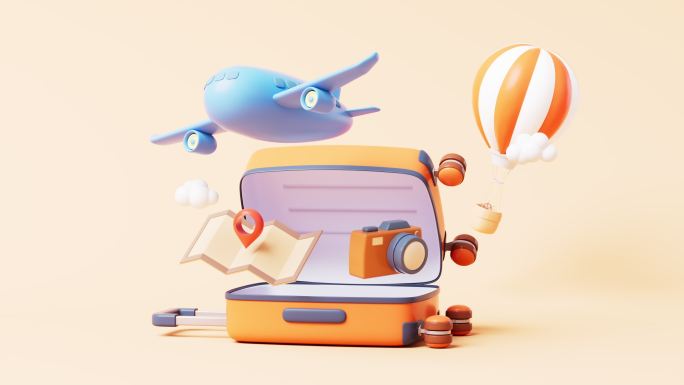 卡通行李箱与旅行主题循环动画3D渲染