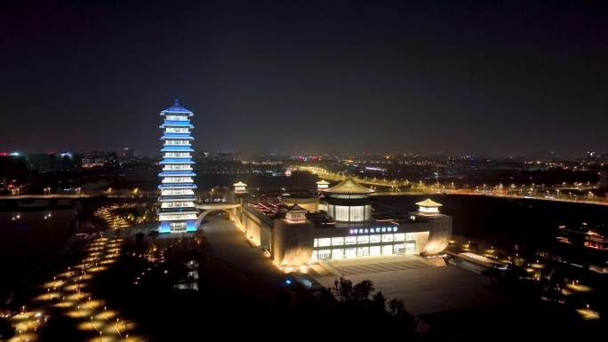江苏扬州中国大运河博物馆夜景航拍4K素材