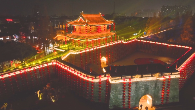 湖北荆州古城新年春节，航拍荆州古城夜景