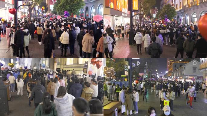 4k江汉路商业街跨年人流拥挤