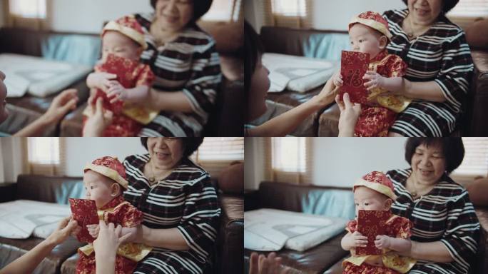 母亲在中国新年给家人发红包