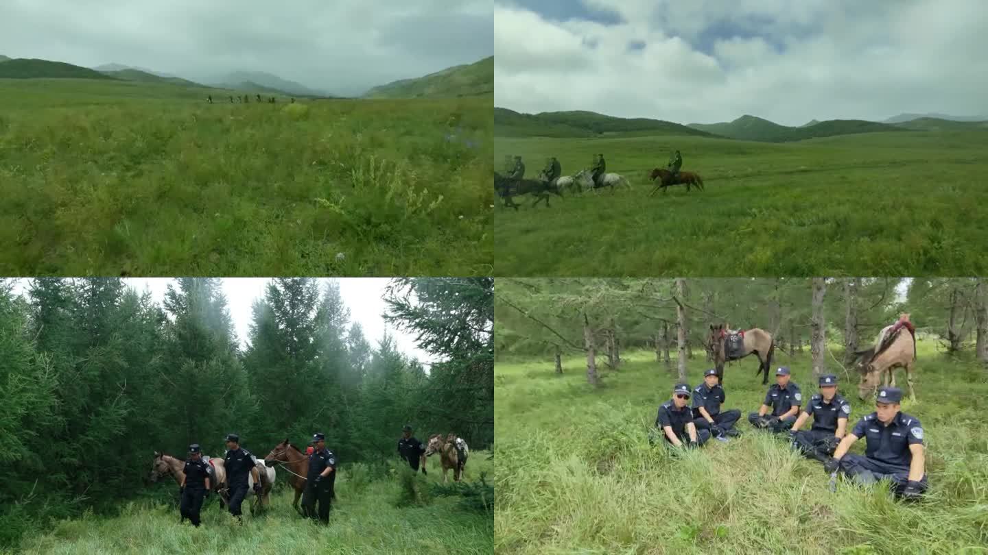 草原上的骑警队骑马巡逻草原林地