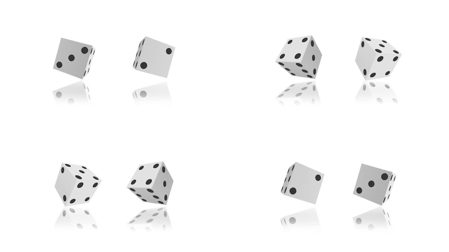 4K白色扑克骰子在白色背景上随机滚动可循环