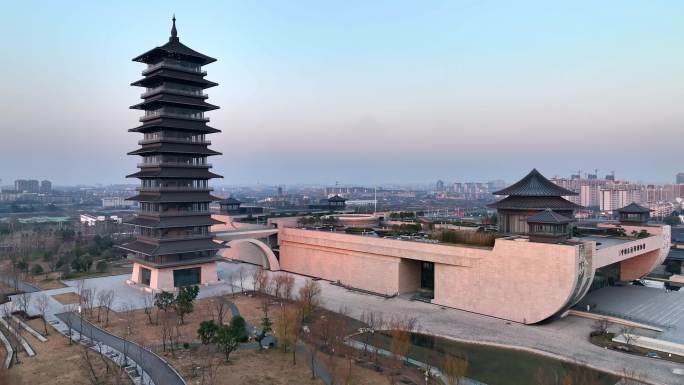 江苏扬州中国大运河博物馆航拍4K素材日落
