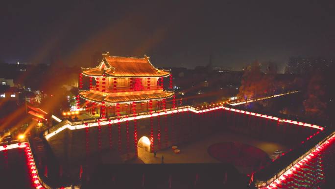 湖北荆州古城新年春节，航拍荆州古城夜景