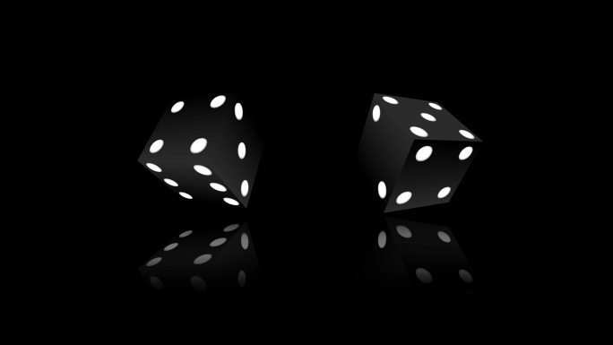 4K黑色扑克骰子在黑色背景上随机滚动可循环