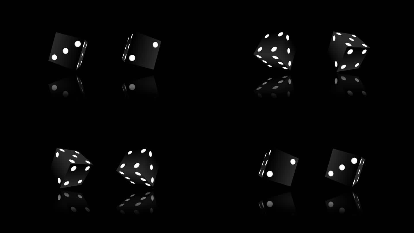 4K黑色扑克骰子在黑色背景上随机滚动可循环