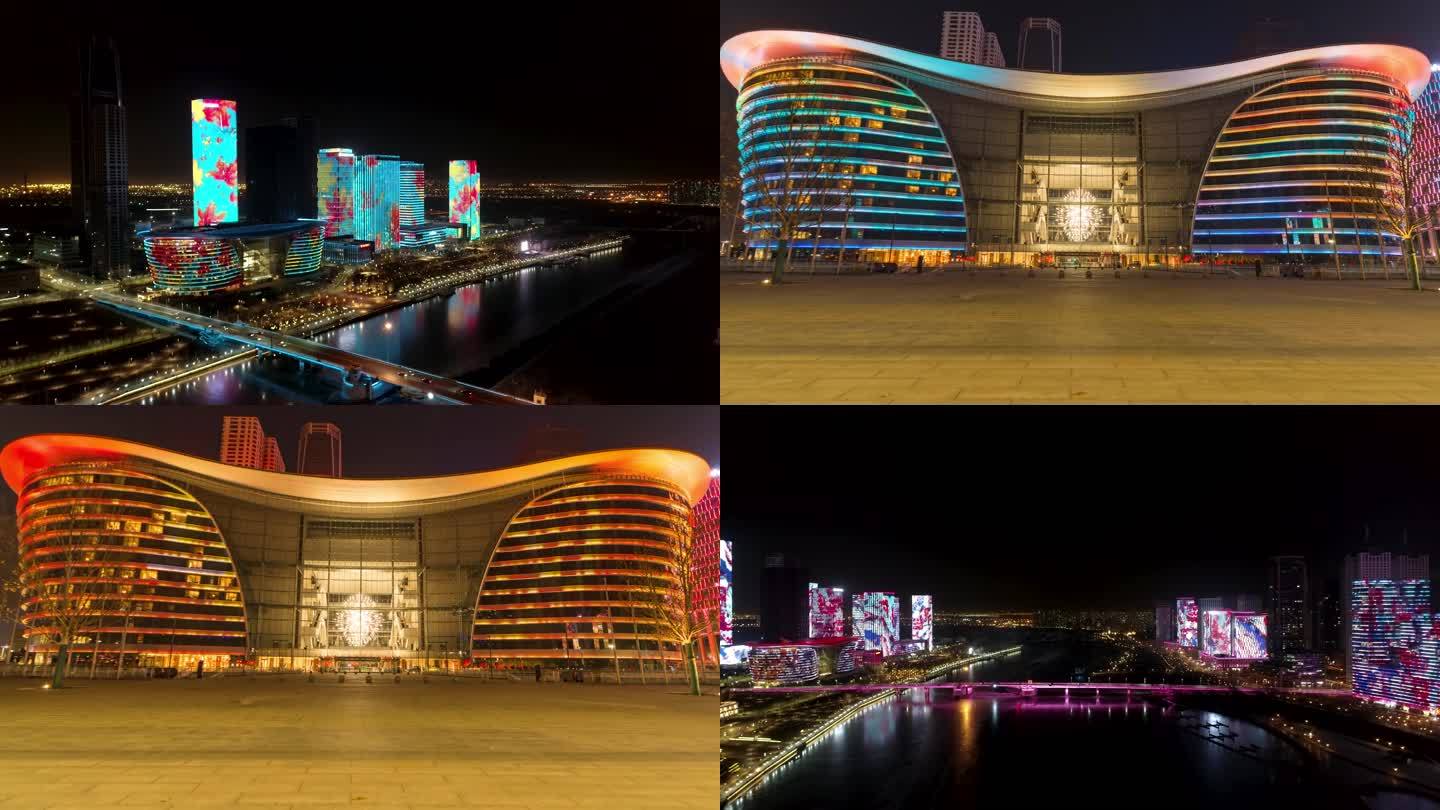 天津市滨海新区于家堡金融区夜景素材