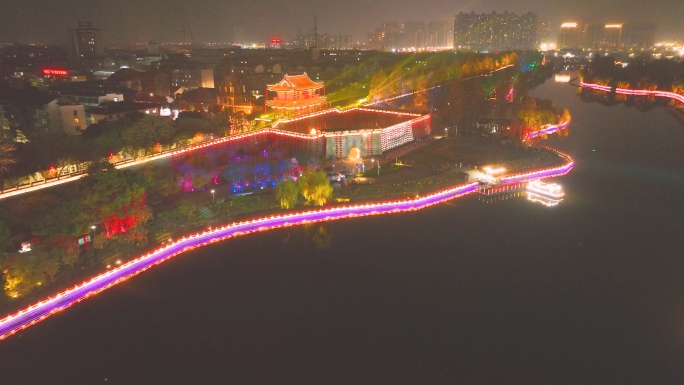 湖北荆州古城新年春节，航拍荆州古城夜景