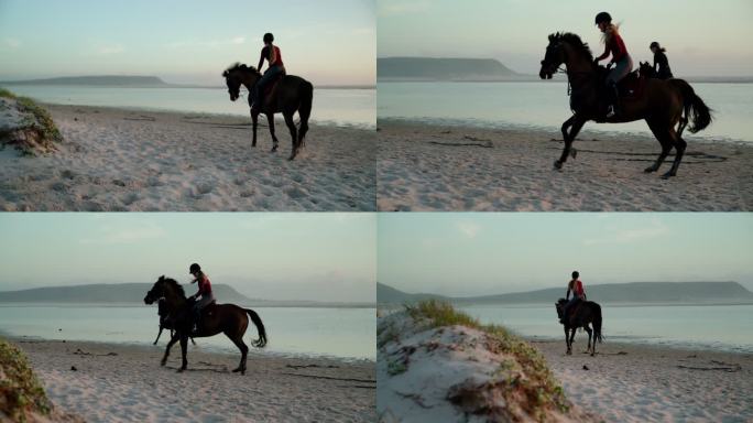 年轻女子在海边骑马