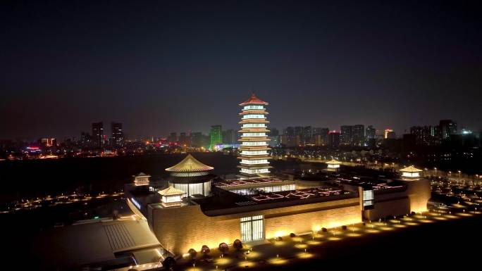 江苏扬州中国大运河博物馆夜景航拍4K素材