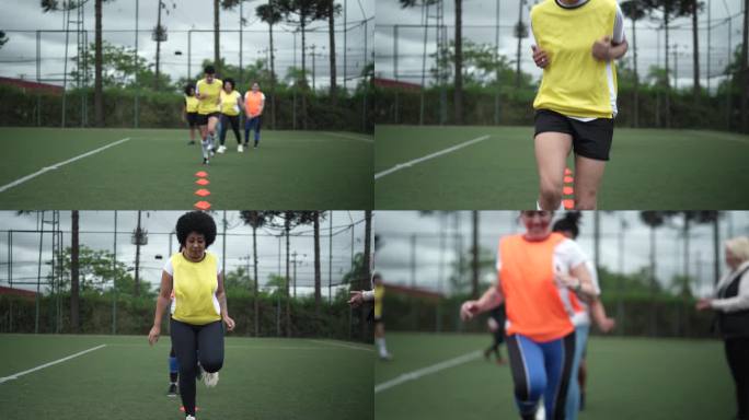 足球赛前热身国外女子足球训练热身过障碍物
