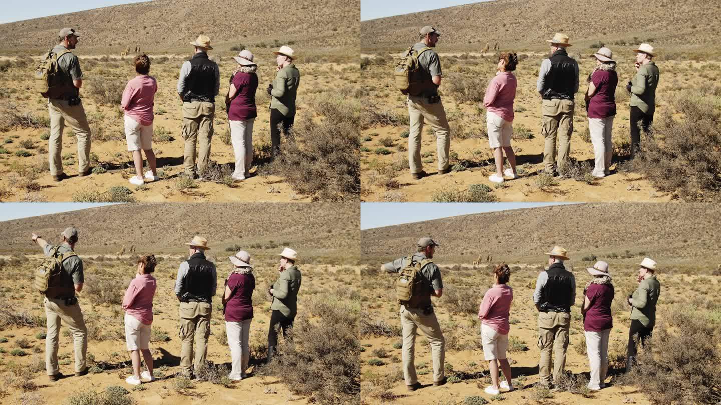 野生动物园旅行团在野生动物保护区观看远处的长颈鹿