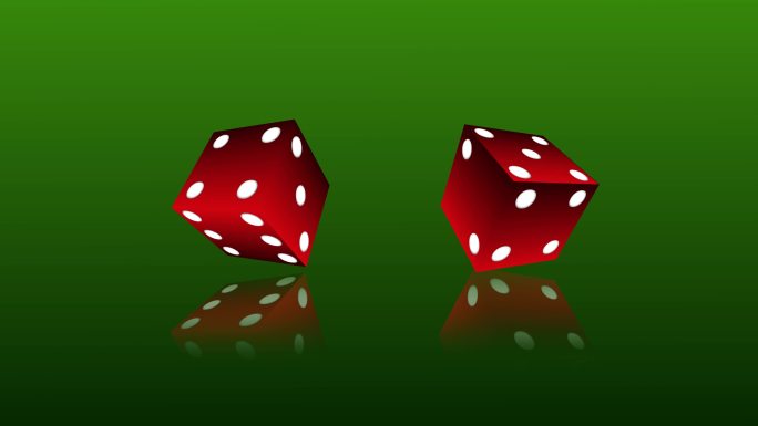 4K红色扑克骰子在绿色背景上随机滚动可循环