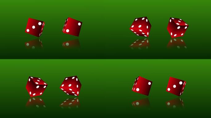 4K红色扑克骰子在绿色背景上随机滚动可循环