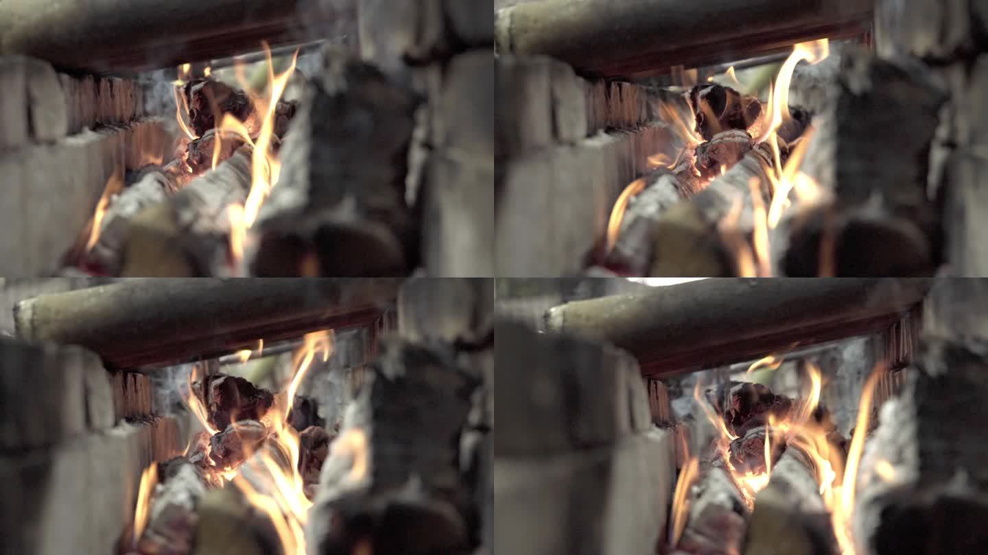 升格拍摄火焰炙烤的竹筒