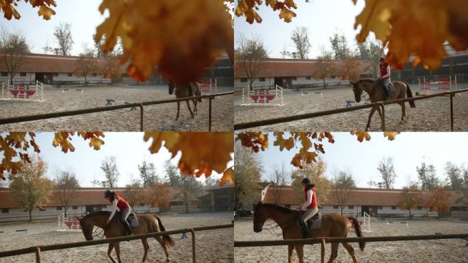 SLO MO女牧场主在围场里骑马